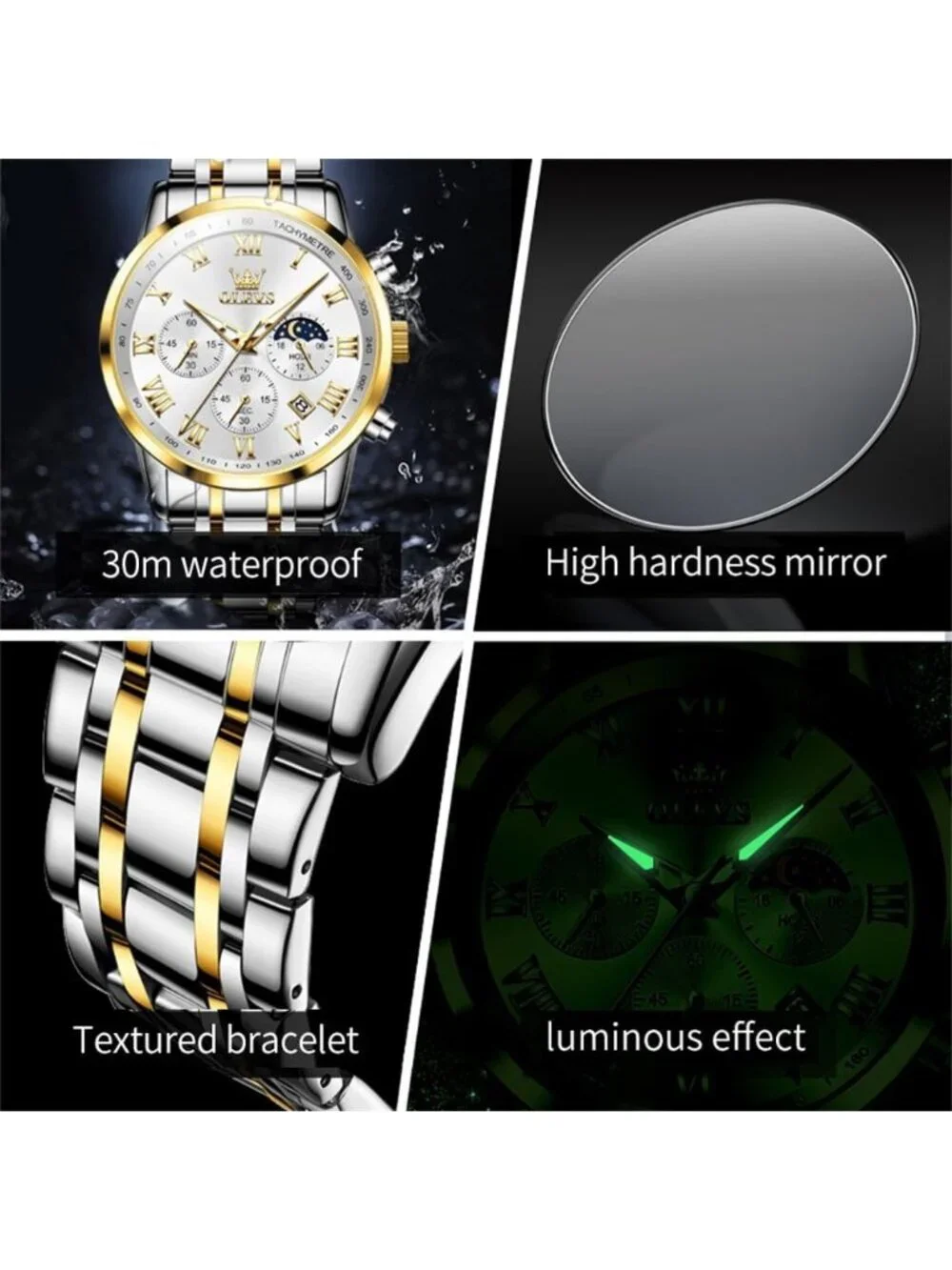 Olevs Men's Silver Gold Multifunction White Face Waterproof Chronograph Watch